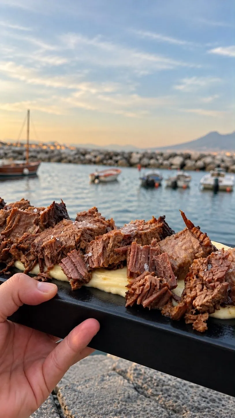 Brisket Casa Rosebery su purea di patate, con il porticciolo e il Golfo di Napoli sullo sfondo