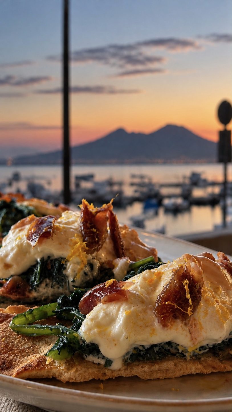Ciabatta with friarielli, stracciatella and crispy prosciutto, Mount Vesuvius at sunset in the background