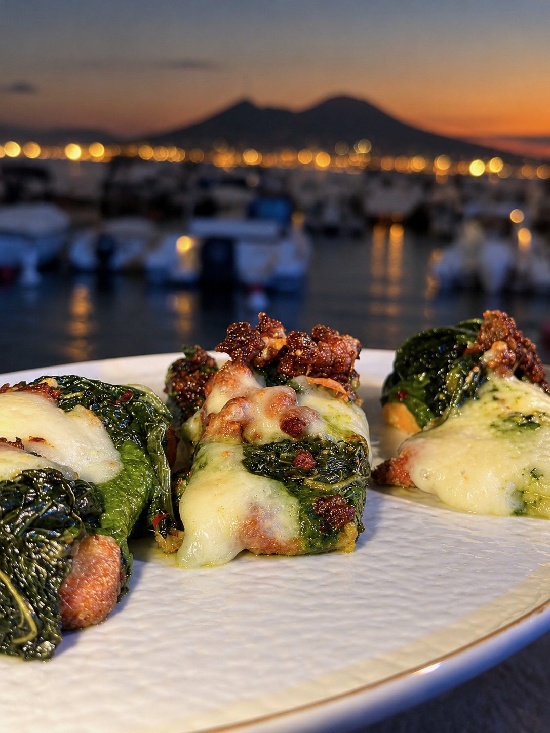 Savoy cabbage rolls with melted provola and crispy sausage, Mount Vesuvius at sunset in the background